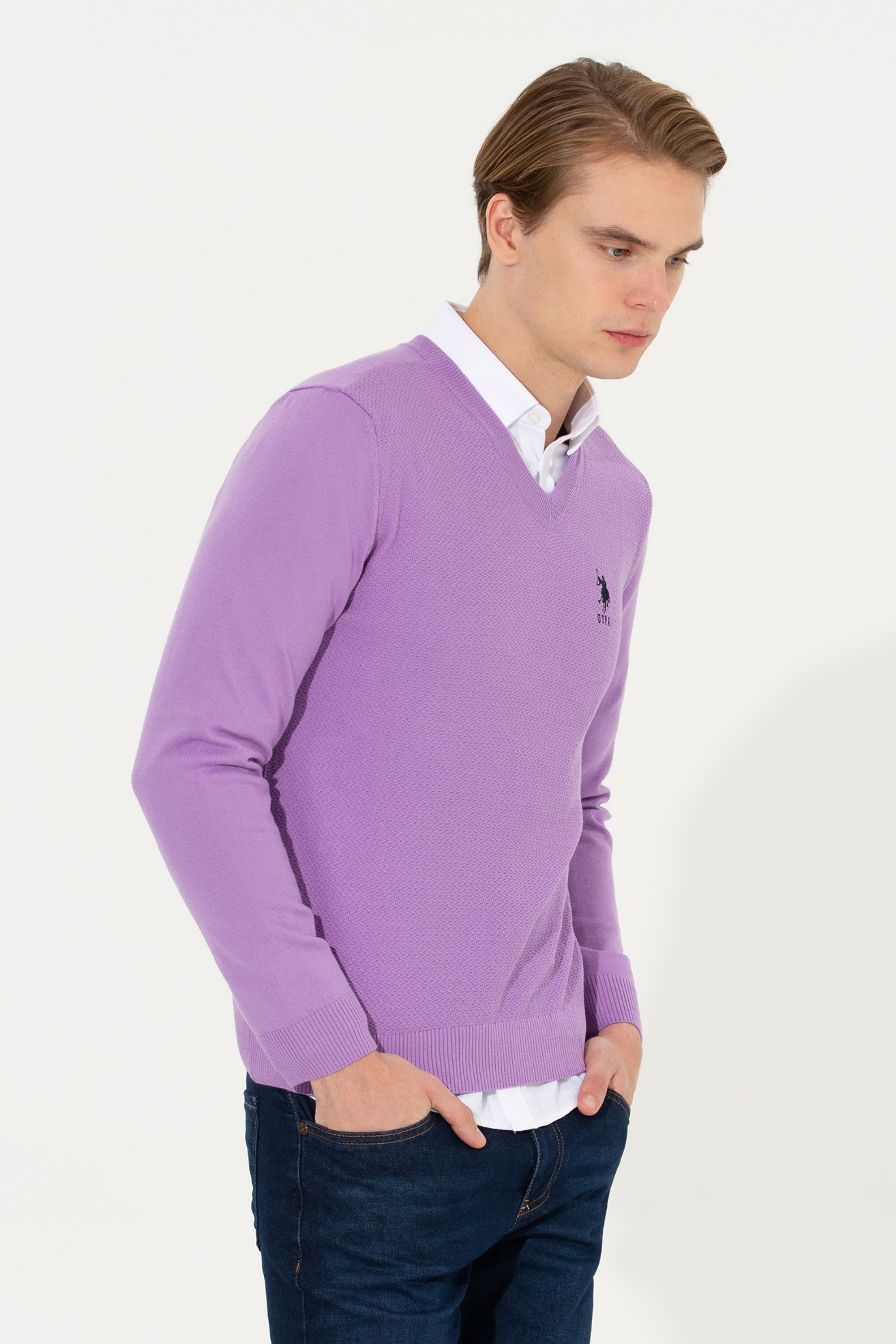 Erkek Lila V Yaka Basic Triko Kazak - Image 3