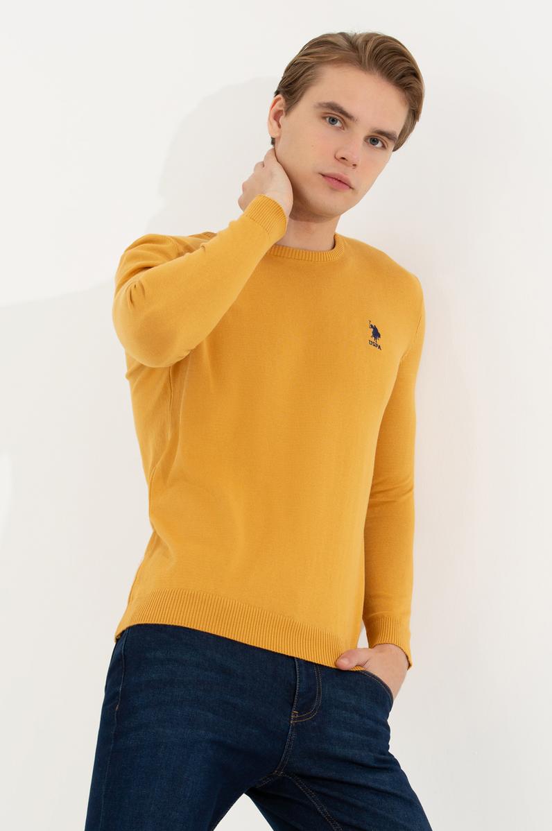 Erkek Safran Bisiklet Yaka Basic Triko Kazak