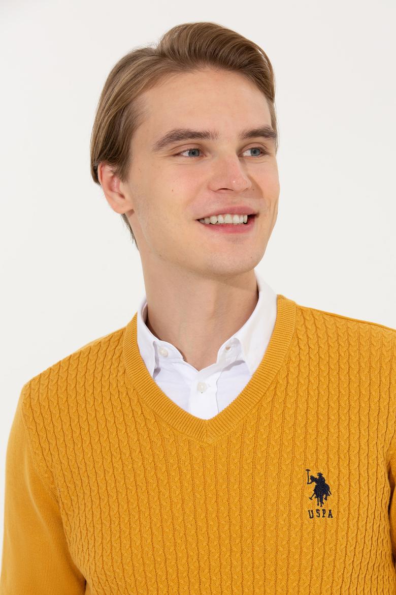 Erkek Safran V Yaka Basic Triko Kazak