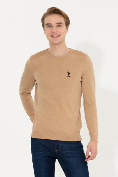 Erkek Camel Melanj Bisiklet Yaka Basic Triko Kazak