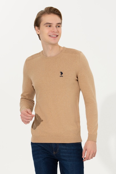 Erkek Camel Melanj Bisiklet Yaka Basic Triko Kazak
