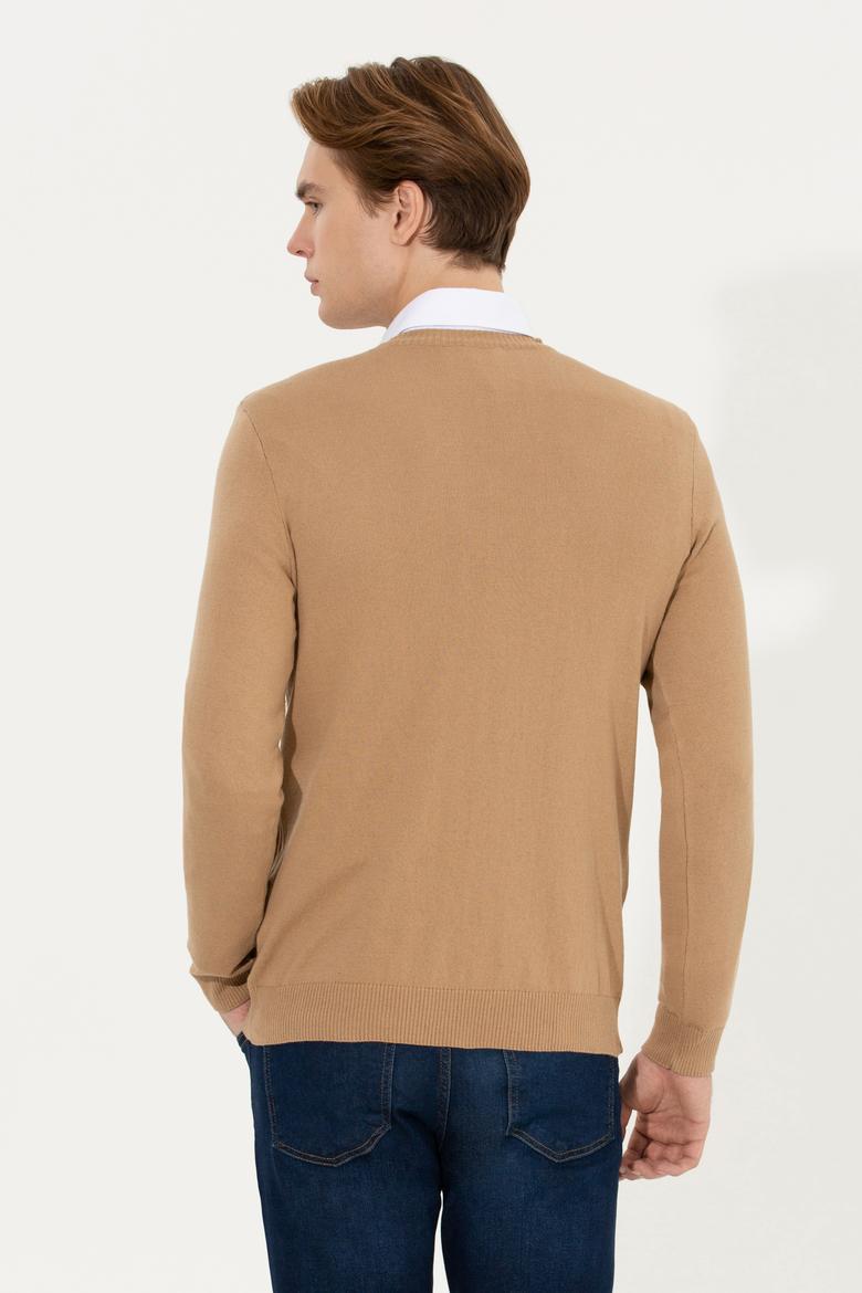 Erkek Camel Melanj V Yaka Triko Kazak - 50258314013