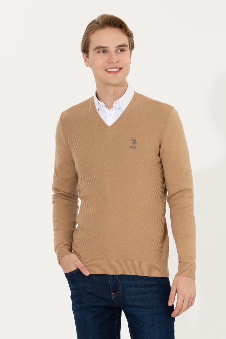 Erkek Camel Melanj V Yaka Triko Kazak - 50258314013