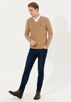 Erkek Camel Melanj V Yaka Triko Kazak - 50258314013