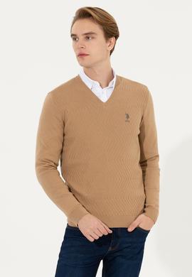 Erkek Camel Melanj V Yaka Triko Kazak - 50258314013