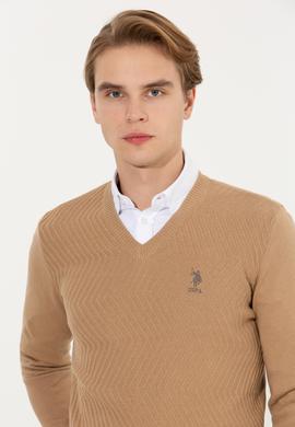 Erkek Camel Melanj V Yaka Triko Kazak - 50258314013