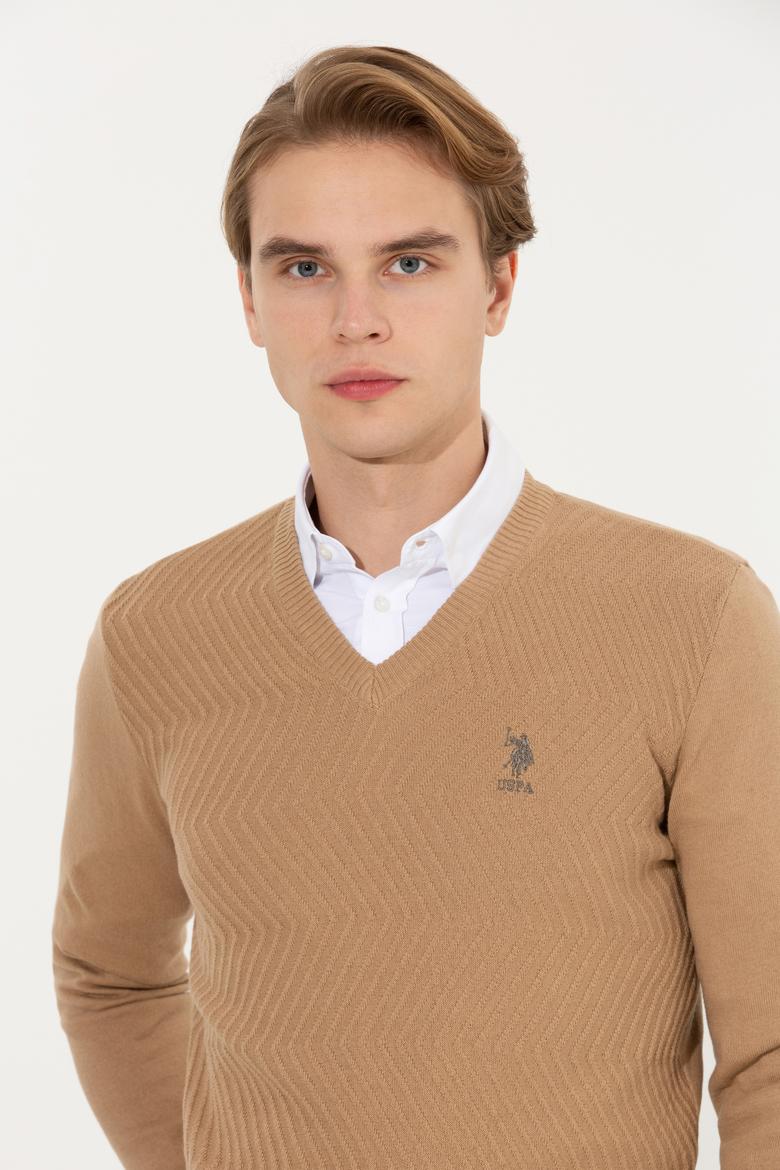 Erkek Camel Melanj V Yaka Triko Kazak - 50258314013