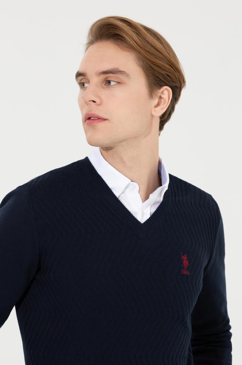 Erkek Lacivert V - Yaka Triko Kazak