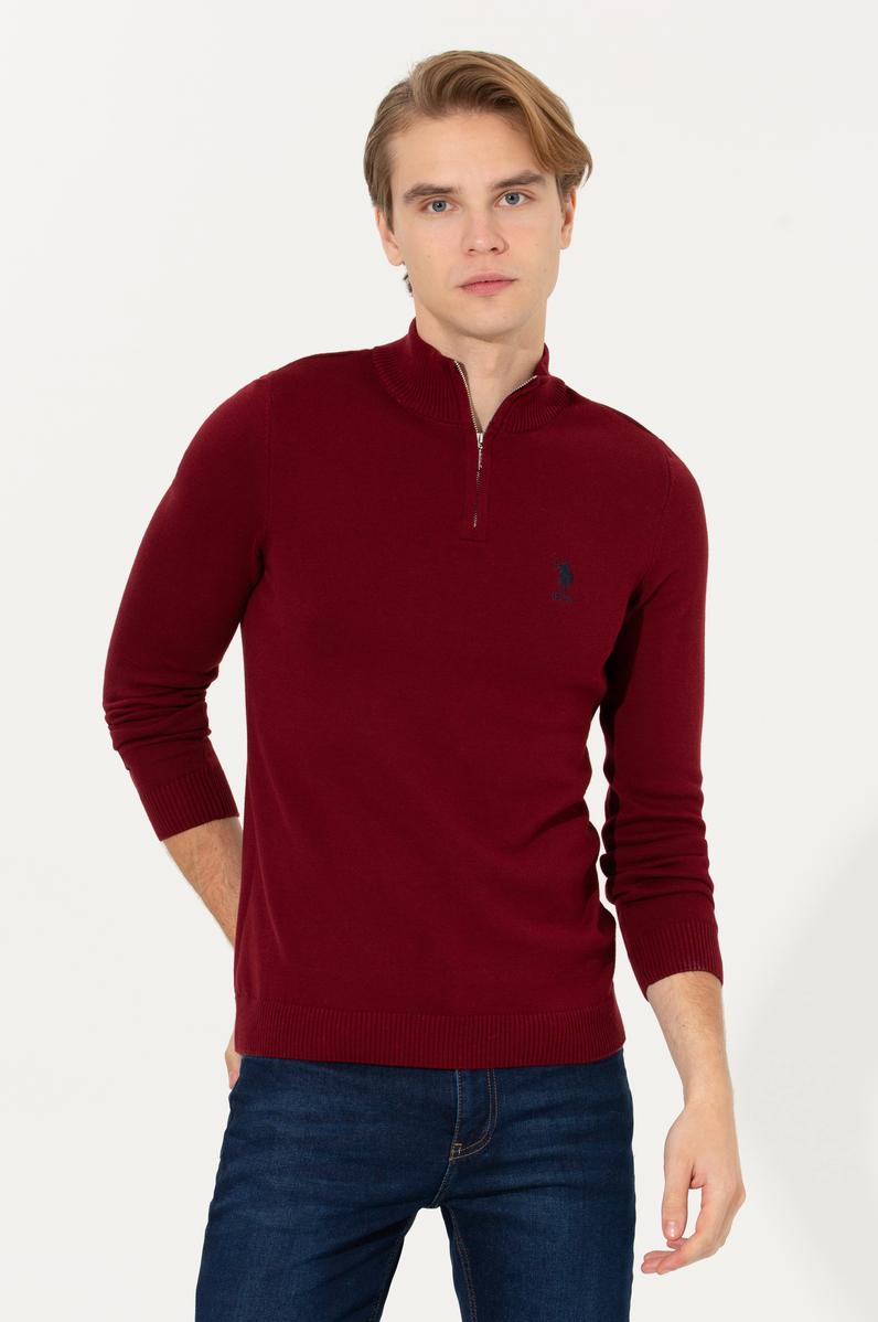 Erkek Bordo Dik Yaka Triko Kazak