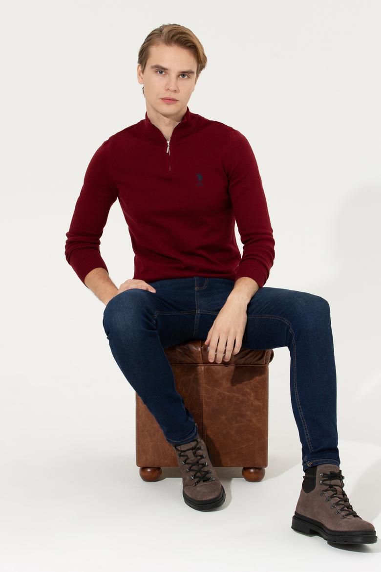 Erkek Bordo Dik Yaka Triko Kazak - 50258146007