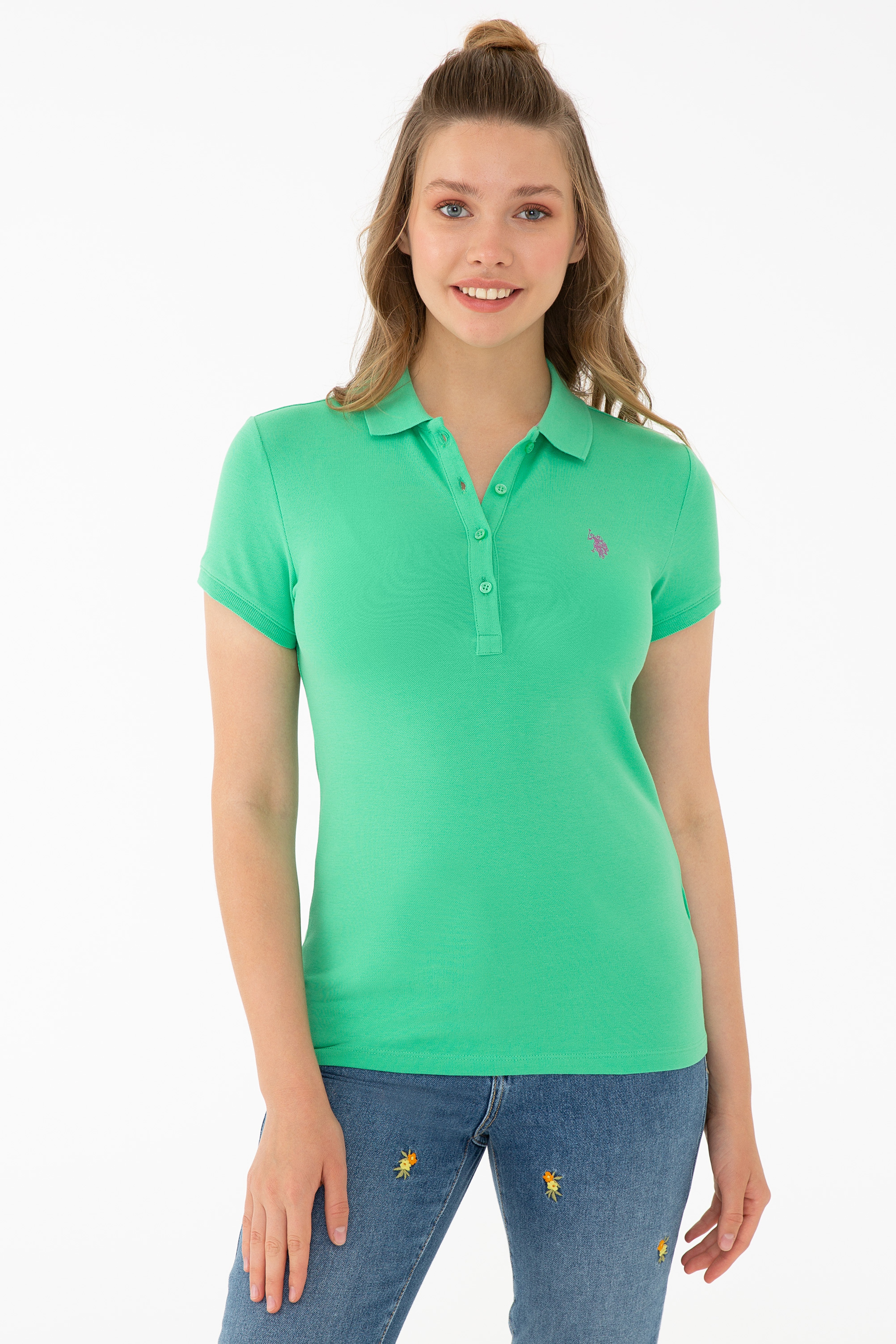 Kadın Yeşil Polo Yaka Basic Tişört - Image 1