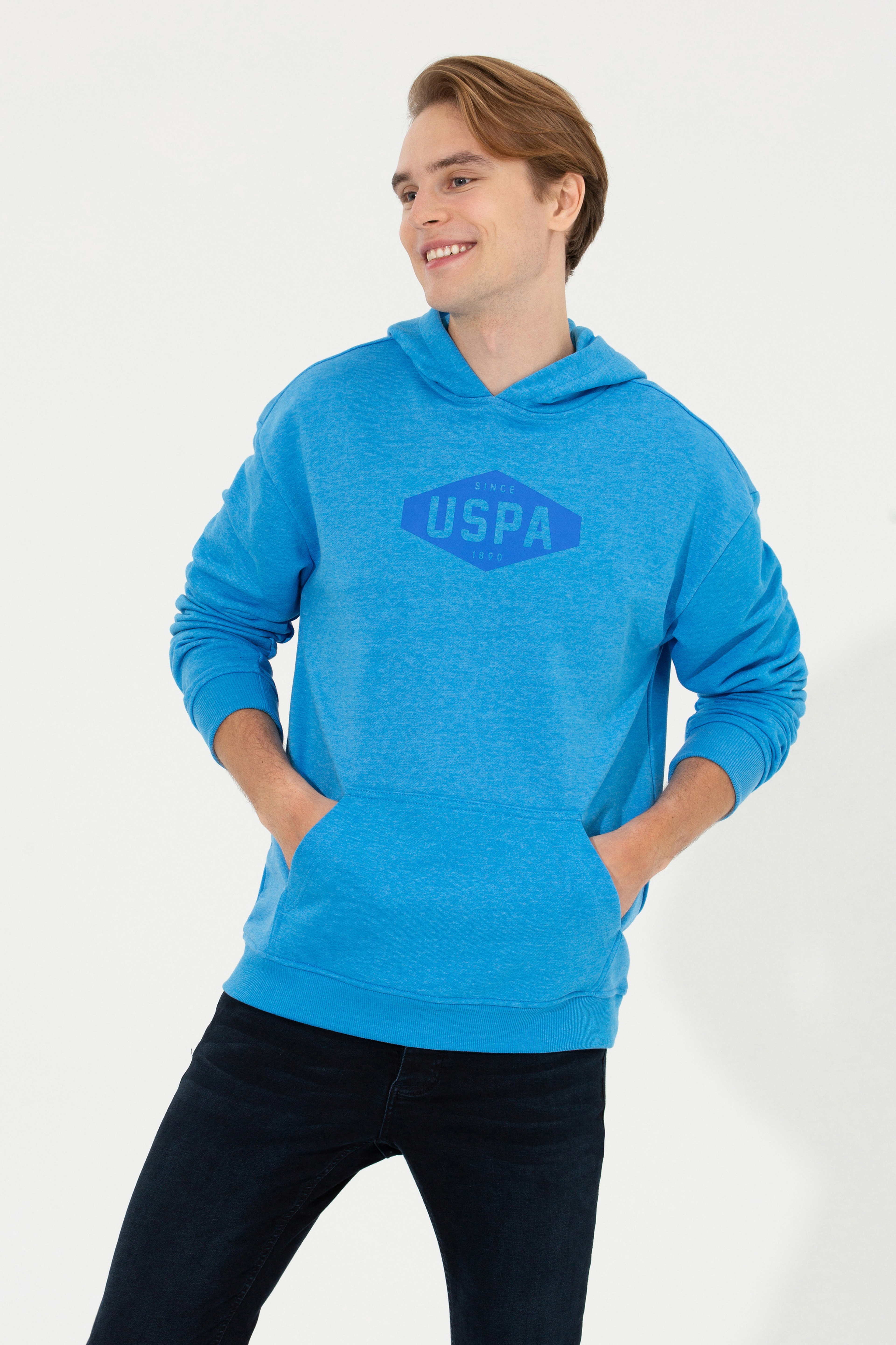 Erkek Kobalt Melanj Kapüşonlu Sweatshirt - Image 4