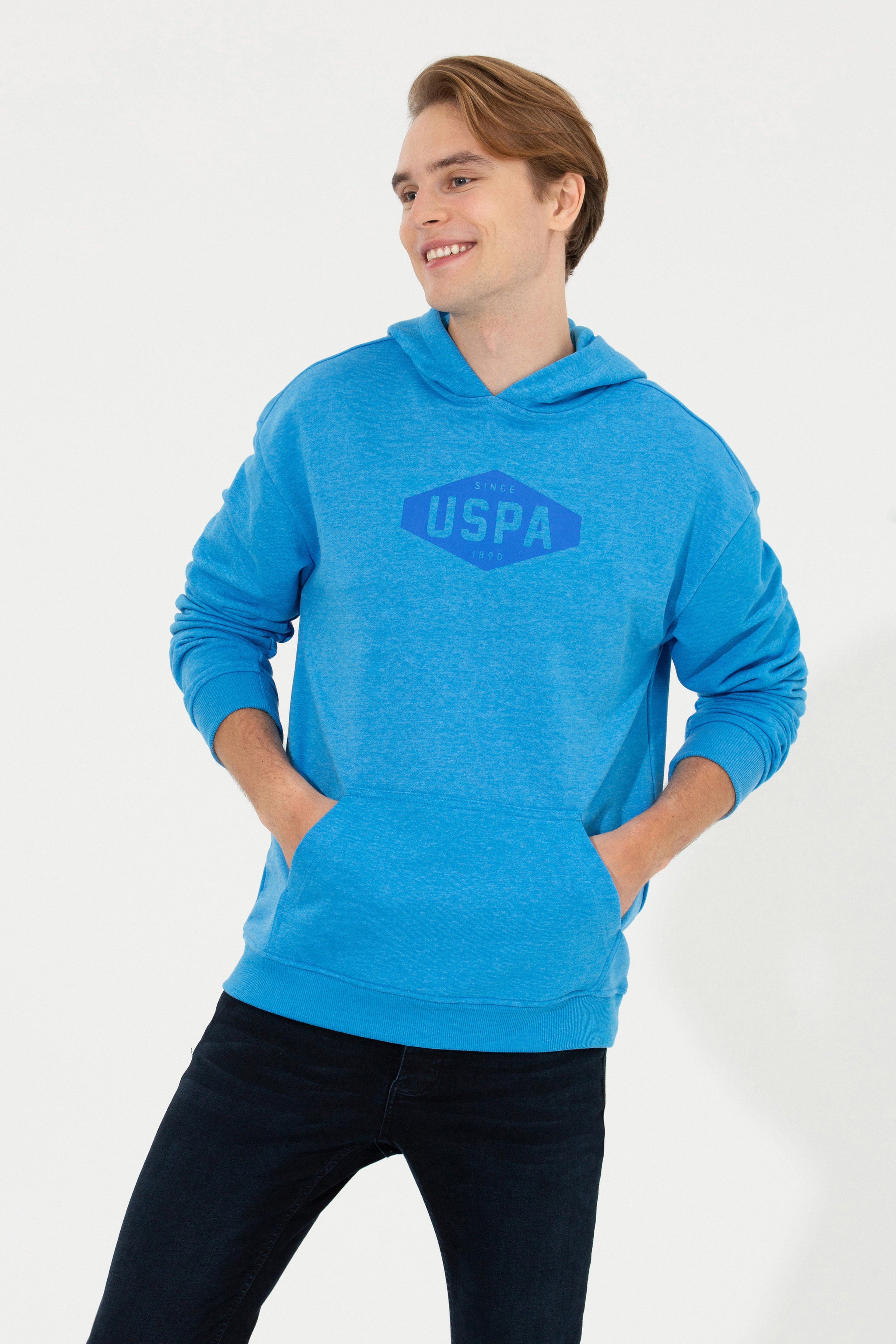 Erkek Kobalt Melanj Kapüşonlu Sweatshirt