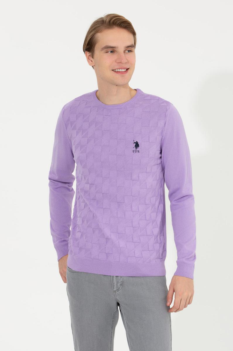 Erkek Lila Bisiklet Yaka Basic Triko Kazak