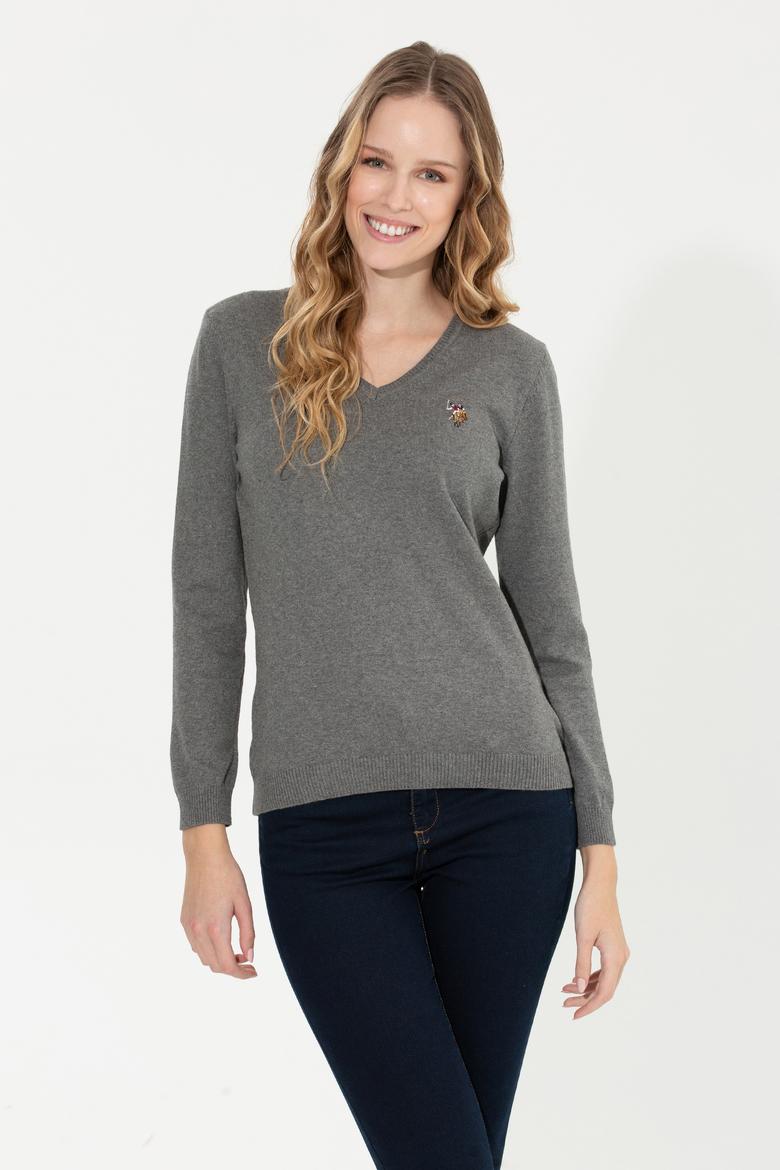 Kadın Gri Melanj Basic V Yaka Kazak - 50255648032