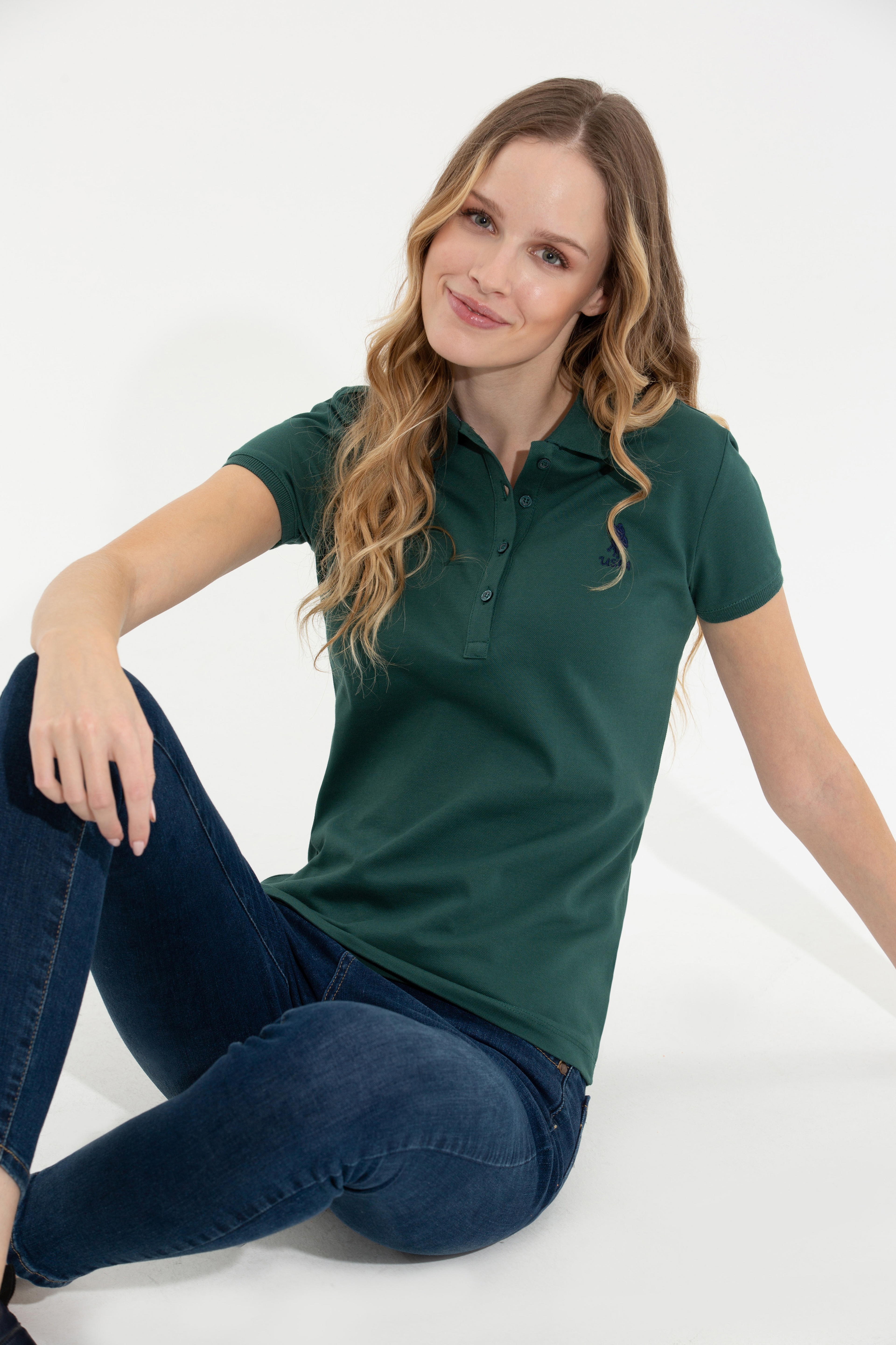 Kadın Yeşil Basic Polo Yaka Tişört - Image 2