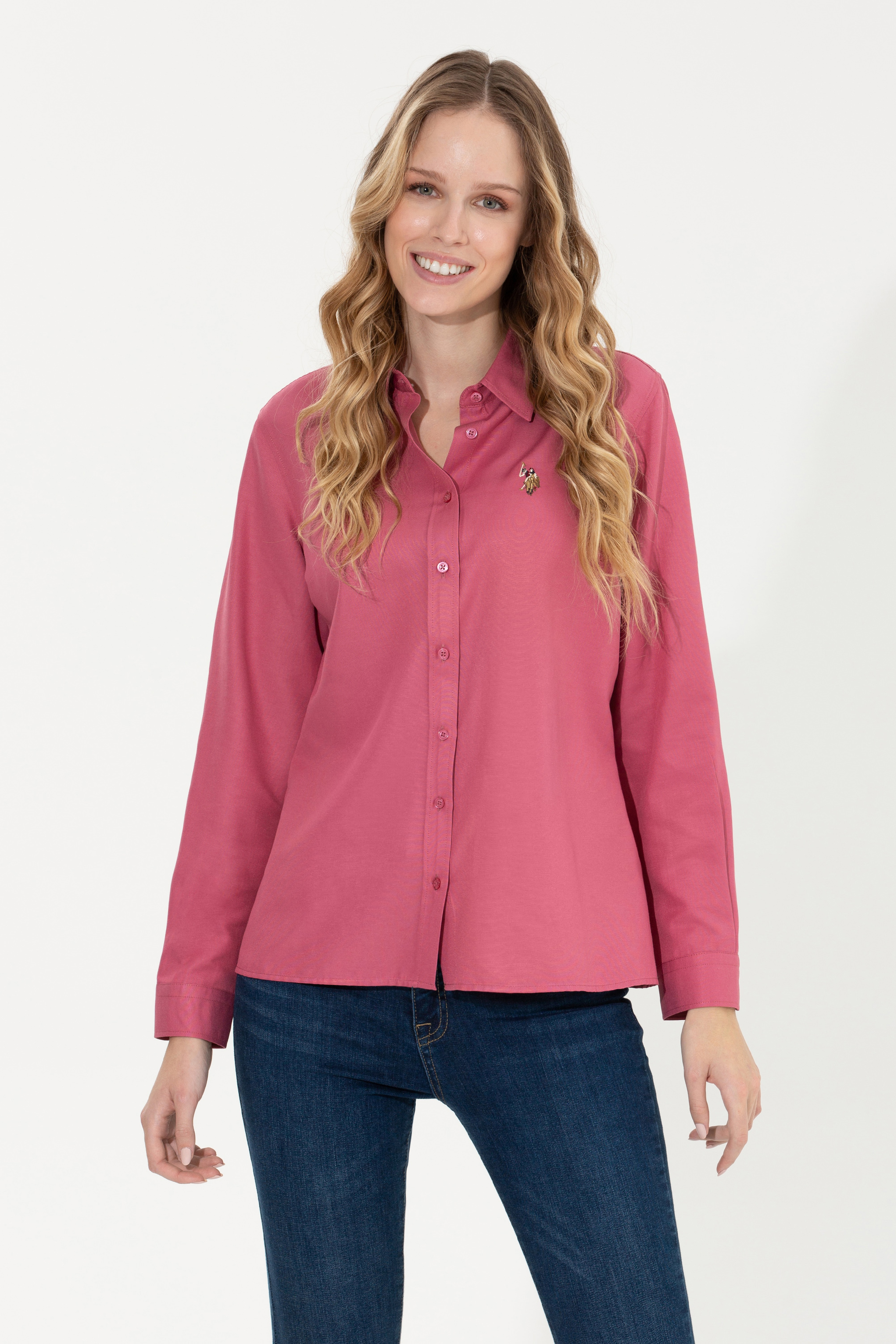 Kadın Pembe Uzun Kollu Basic Gömlek - Image 4