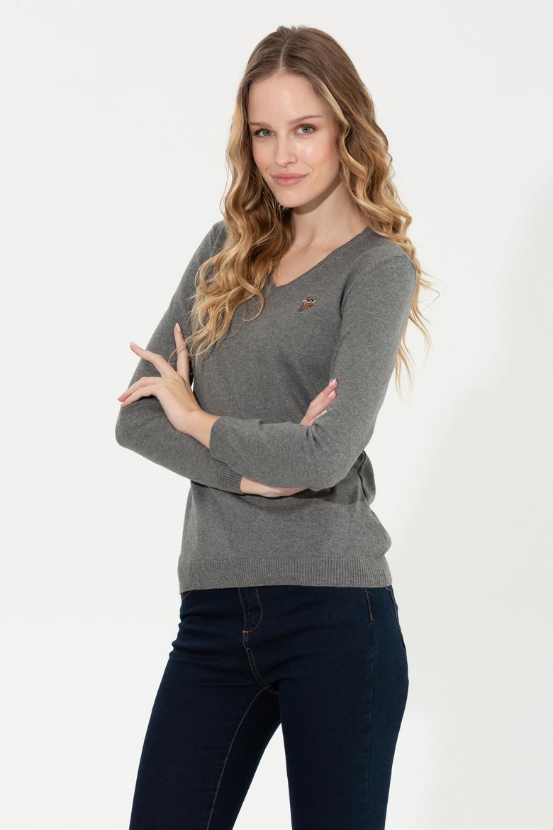 Kadın Gri Melanj Basic V Yaka Kazak - 50255648032