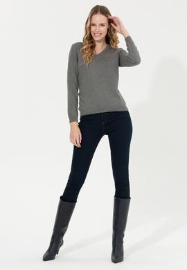 Kadın Gri Melanj Basic V Yaka Kazak - 50255648032