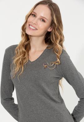 Kadın Gri Melanj Basic V Yaka Kazak - 50255648032