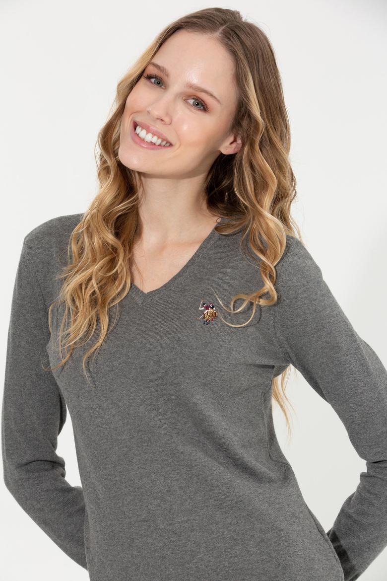 Kadın Gri Melanj Basic V Yaka Kazak