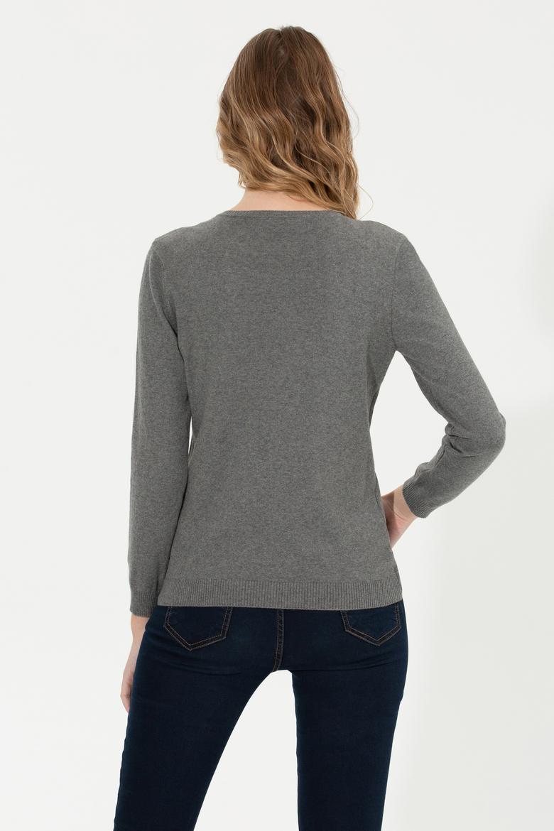 Kadın Gri Melanj Basic V Yaka Kazak - 50255648032