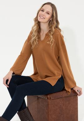 Kadın Camel Melanj V Yaka Kazak - 50259655007