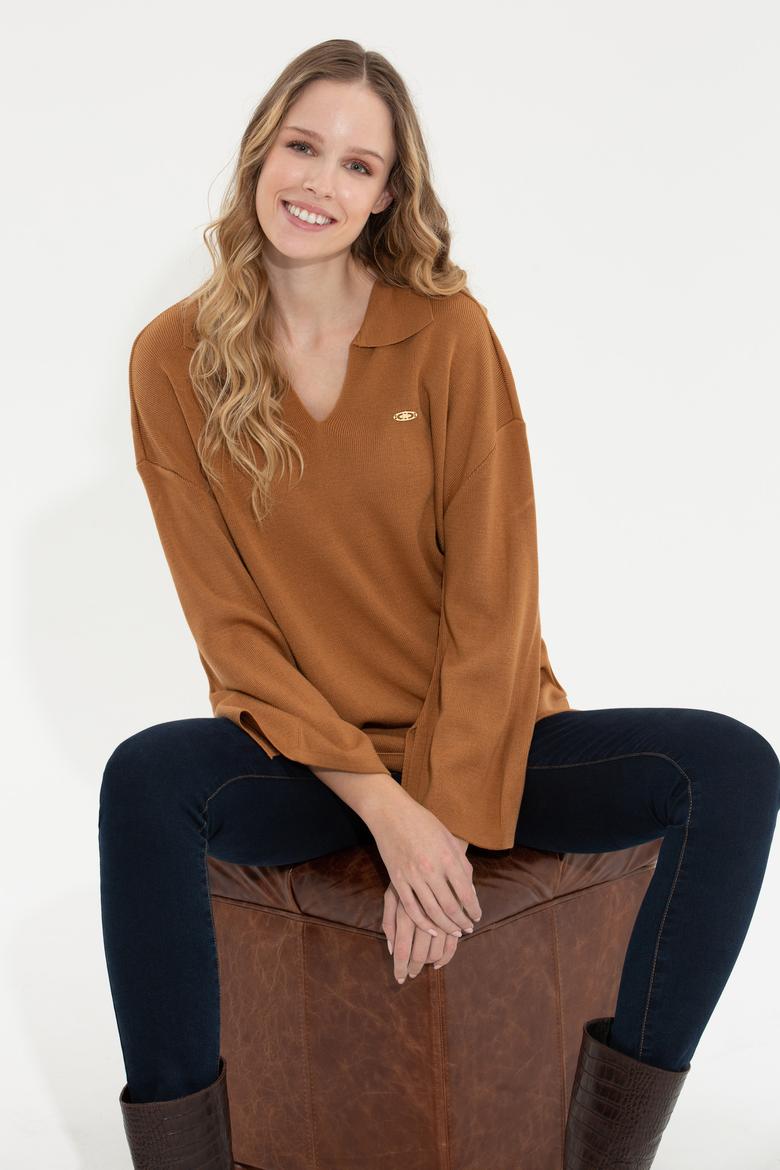 Kadın Camel Melanj V Yaka Kazak
