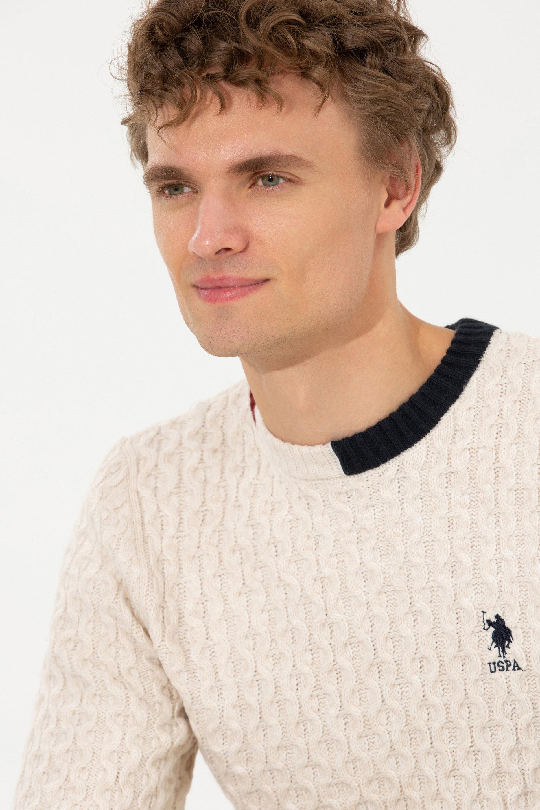 Erkek Krem Melanj Bisiklet Yaka Triko Kazak