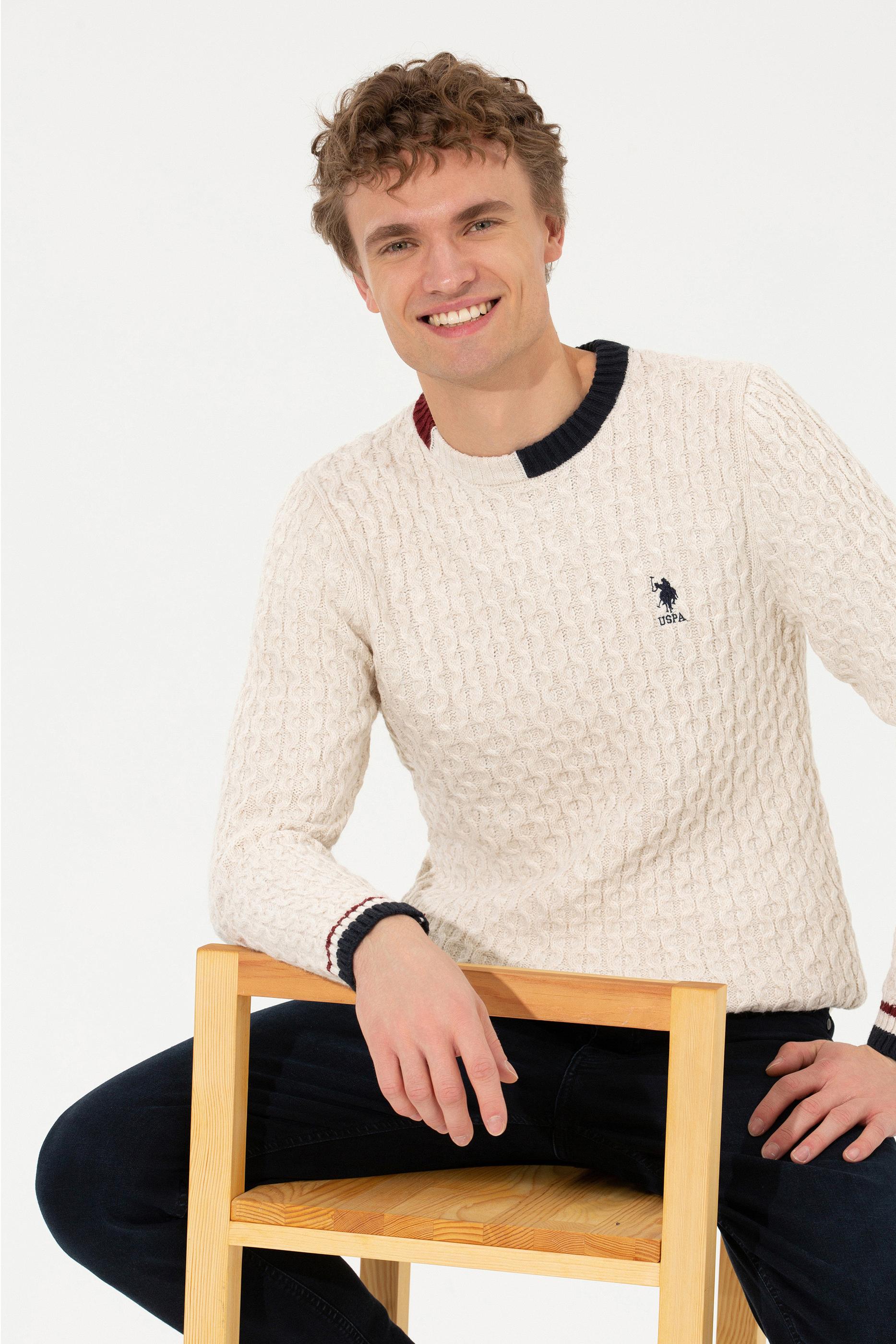 Erkek Krem Melanj Bisiklet Yaka Triko Kazak