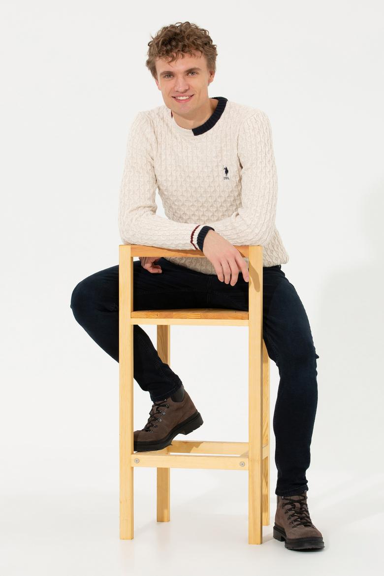 Erkek Krem Melanj Bisiklet Yaka Triko Kazak - 50253857030