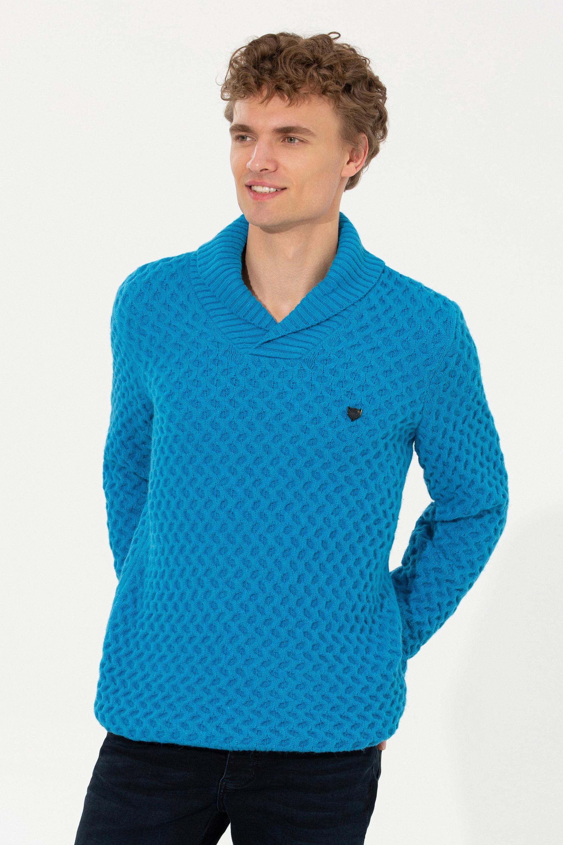 Erkek Kobalt Melanj Şal Yaka Triko Kazak