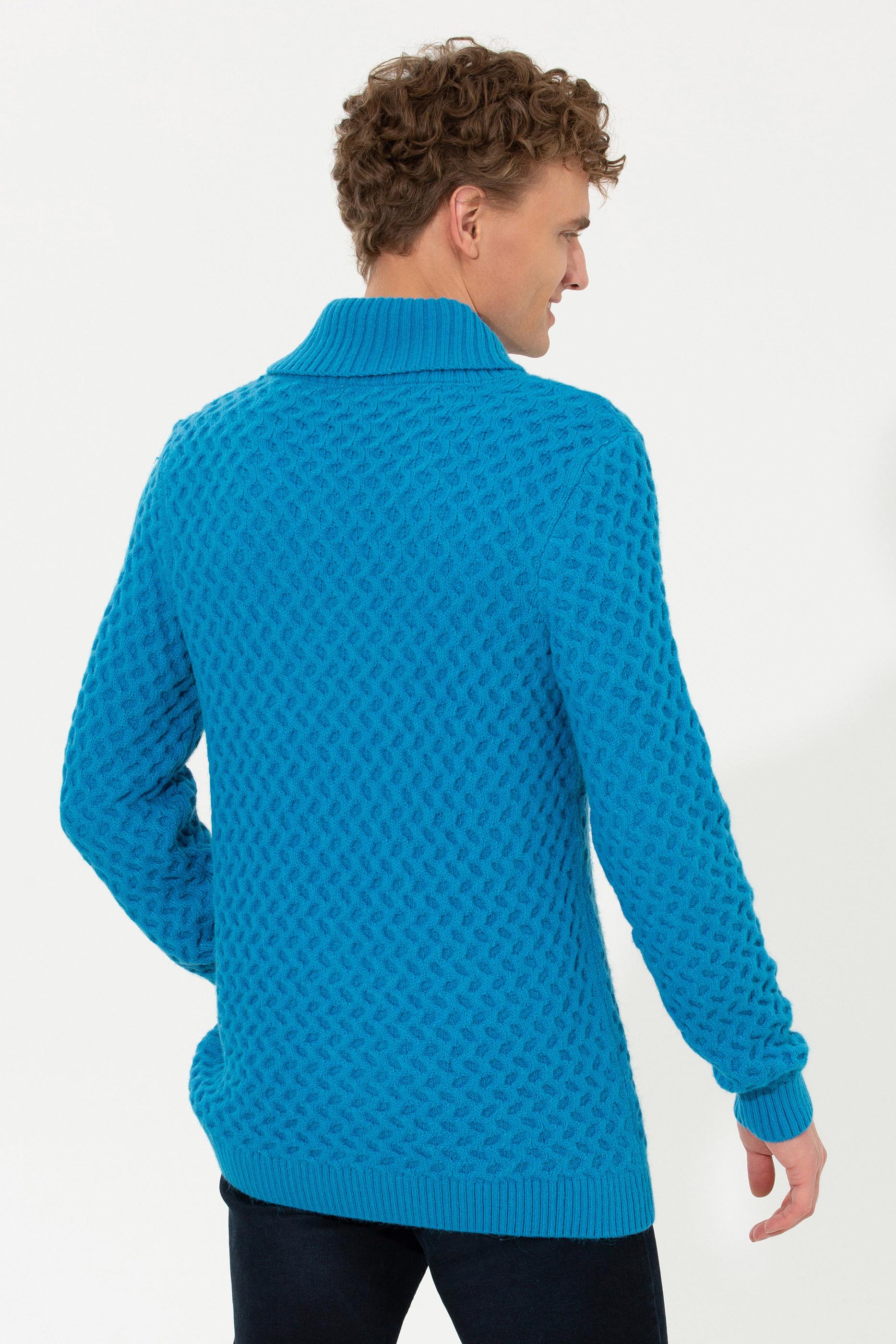 Erkek Kobalt Melanj Şal Yaka Triko Kazak