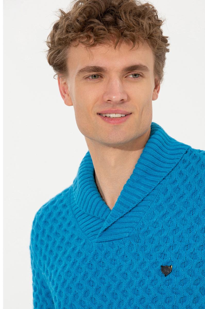 Erkek Kobalt Melanj Şal Yaka Triko Kazak