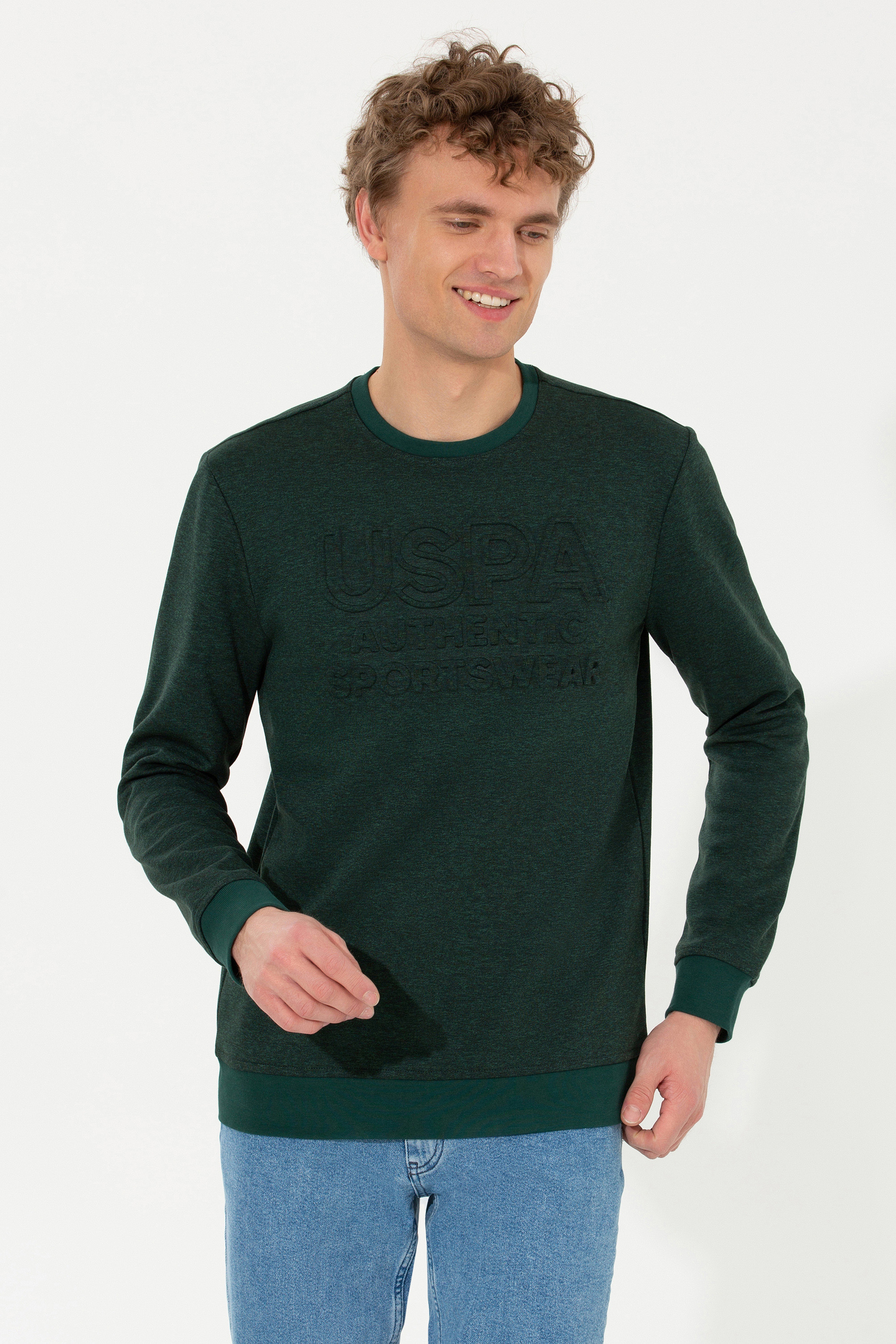 Erkek Yeşil Bisiklet Yaka Sweatshirt - Image 2