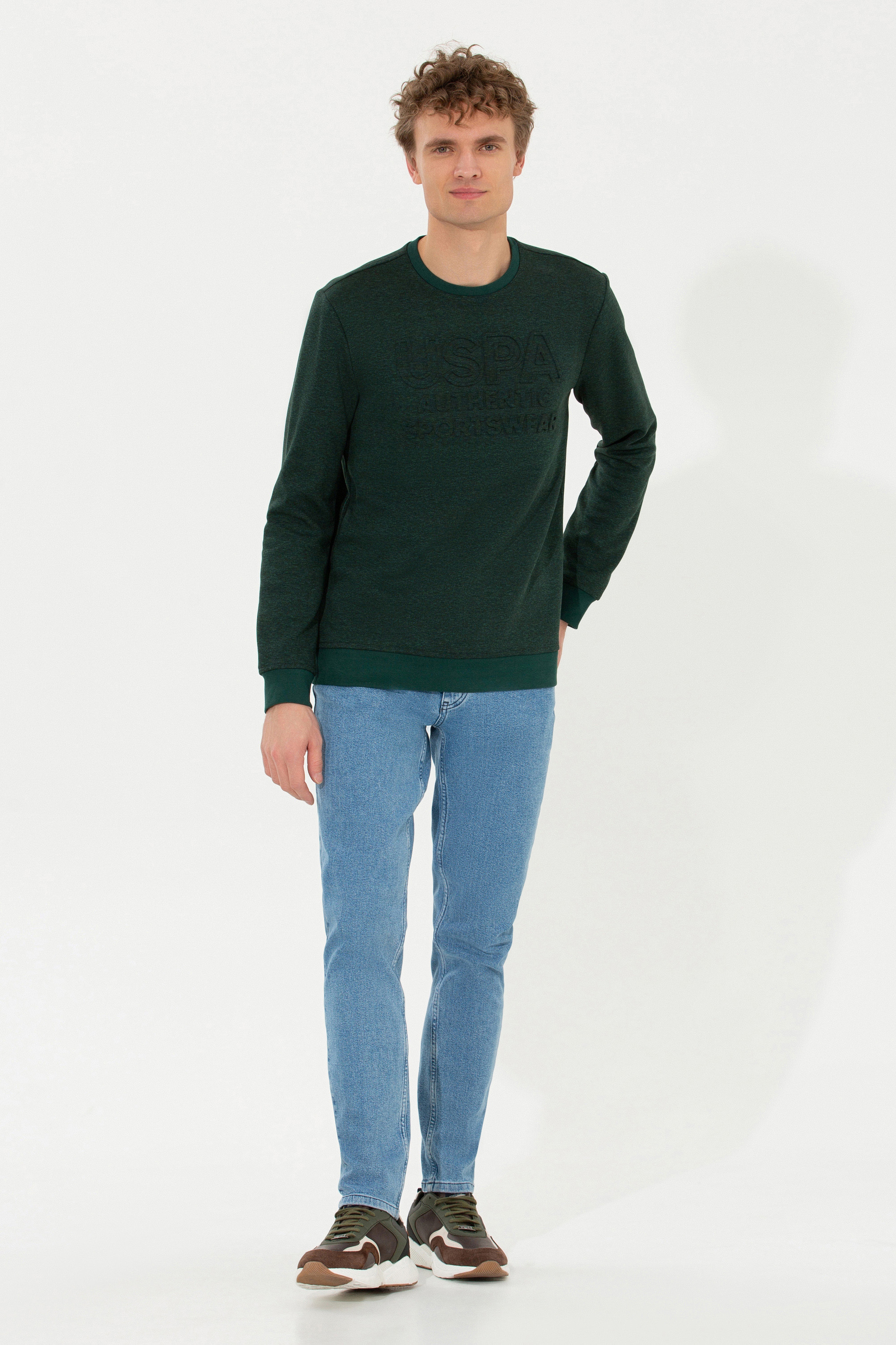 Erkek Yeşil Bisiklet Yaka Sweatshirt - Image 5