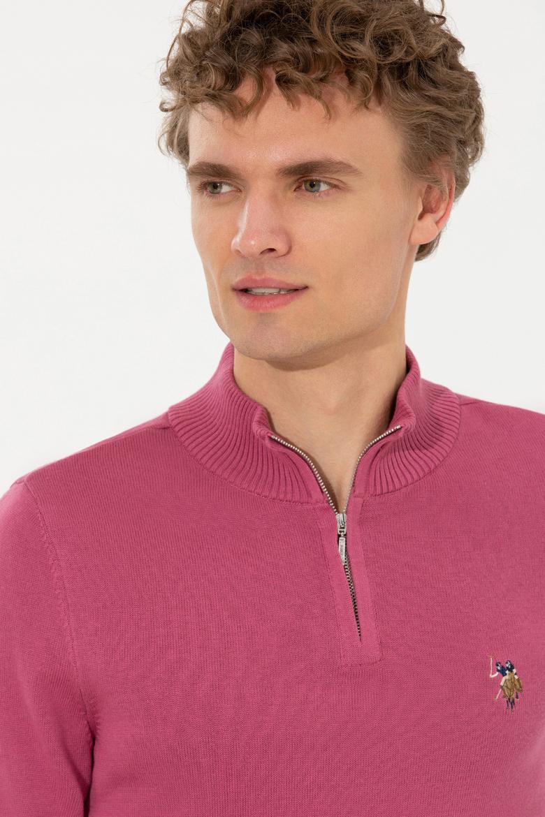 Erkek Koyu Pembe Dik Yaka Triko Kazak