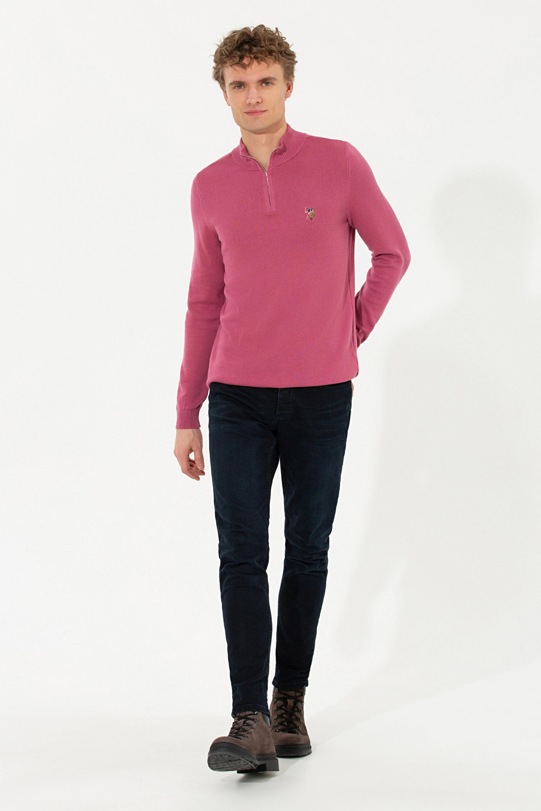 Erkek Koyu Pembe Dik Yaka Triko Kazak