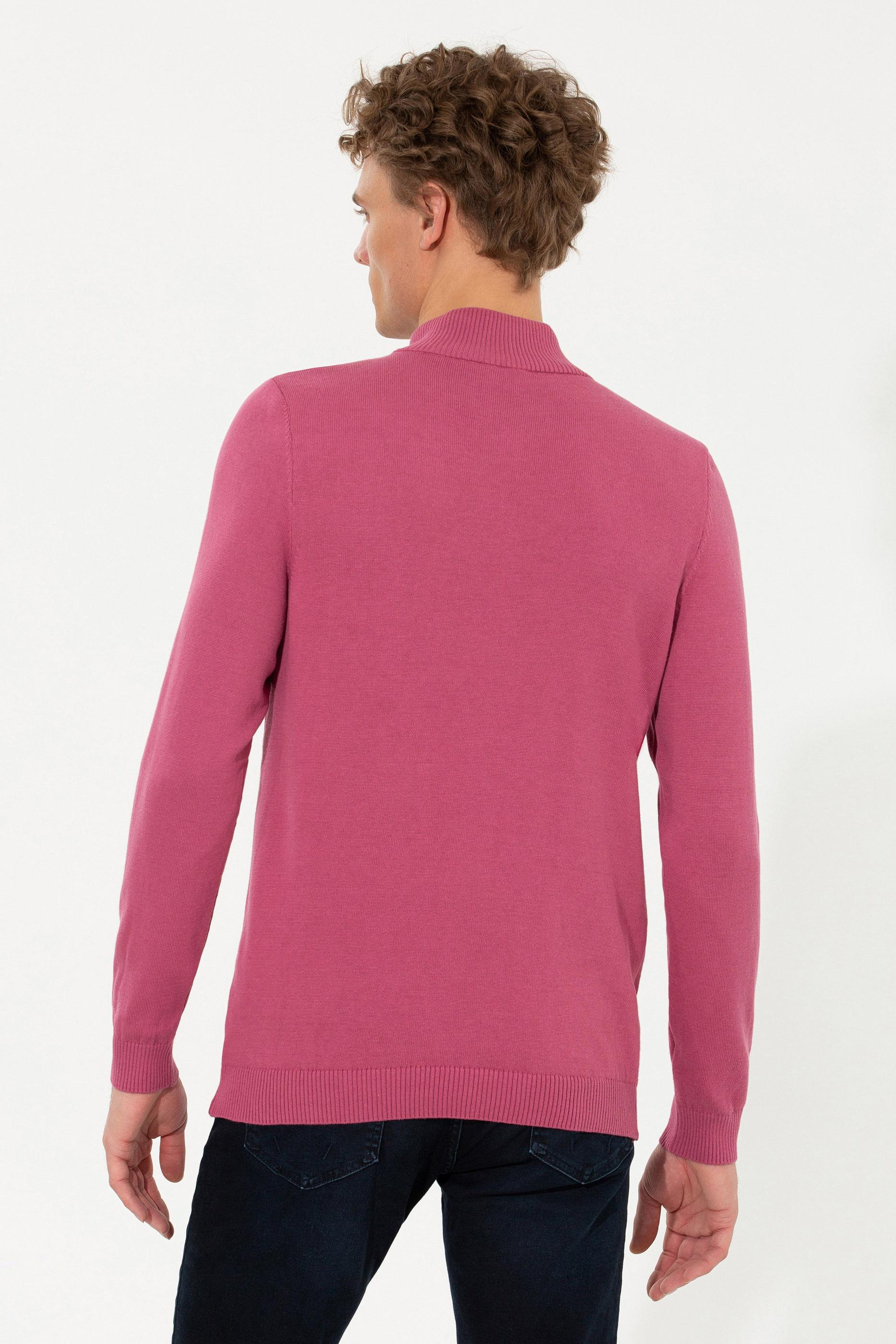 Erkek Koyu Pembe Dik Yaka Triko Kazak