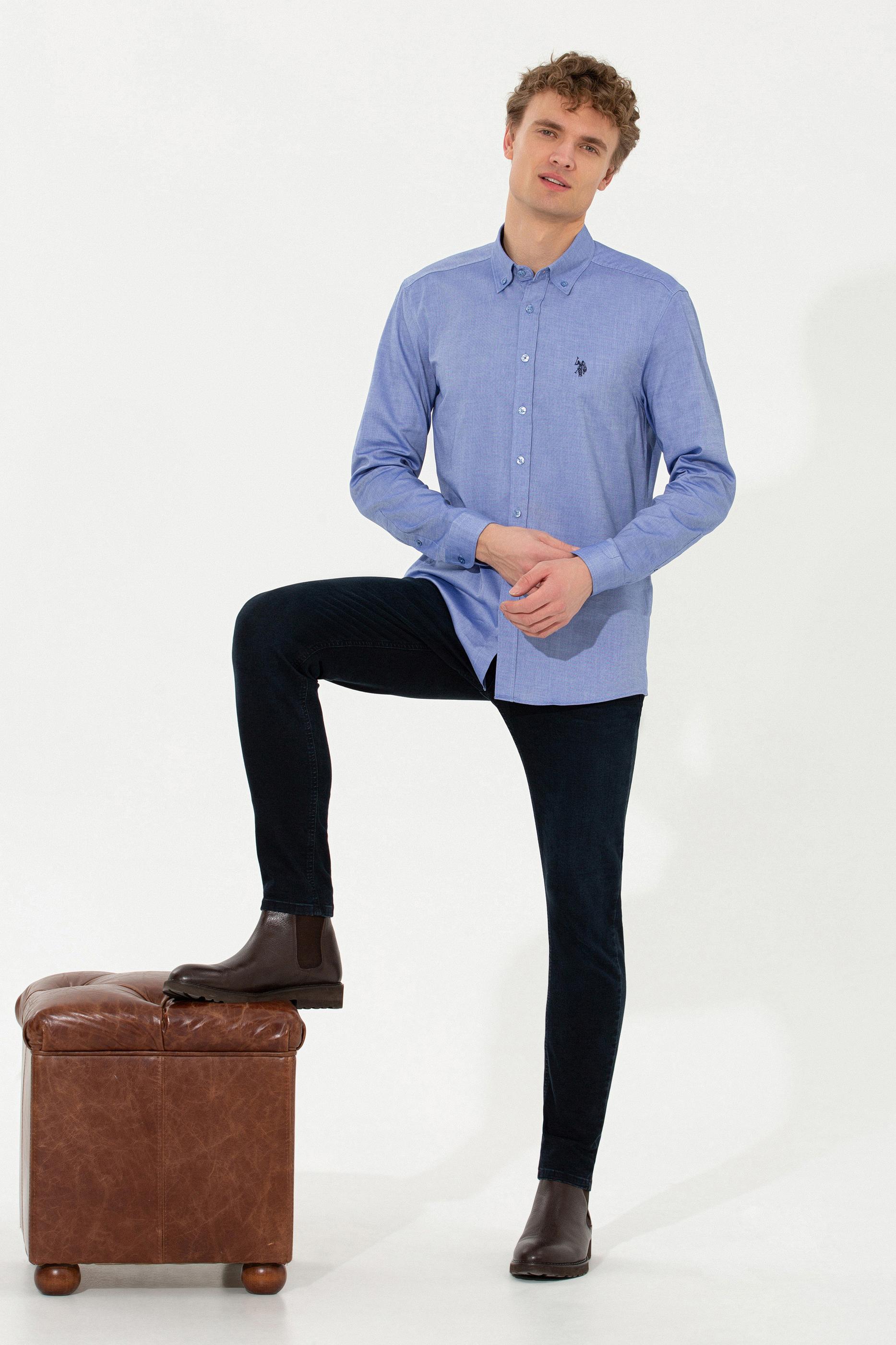 Erkek Saks Uzun Kollu Basic Gömlek