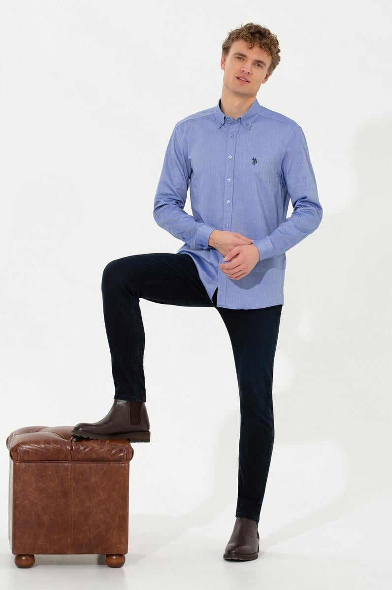 Erkek Saks Uzun Kollu Basic Gömlek