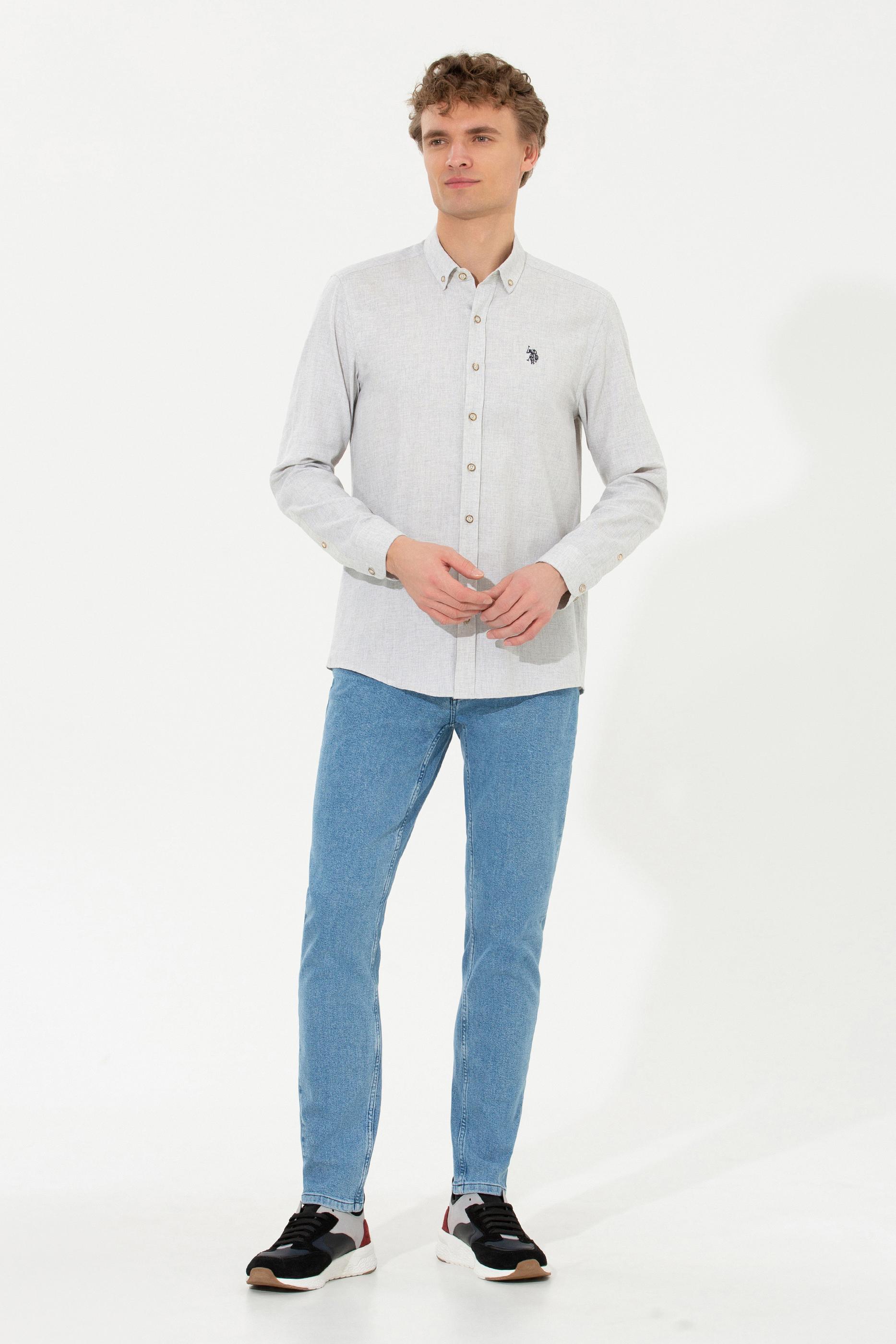 Erkek Ekru Uzun Kollu Basic Gömlek