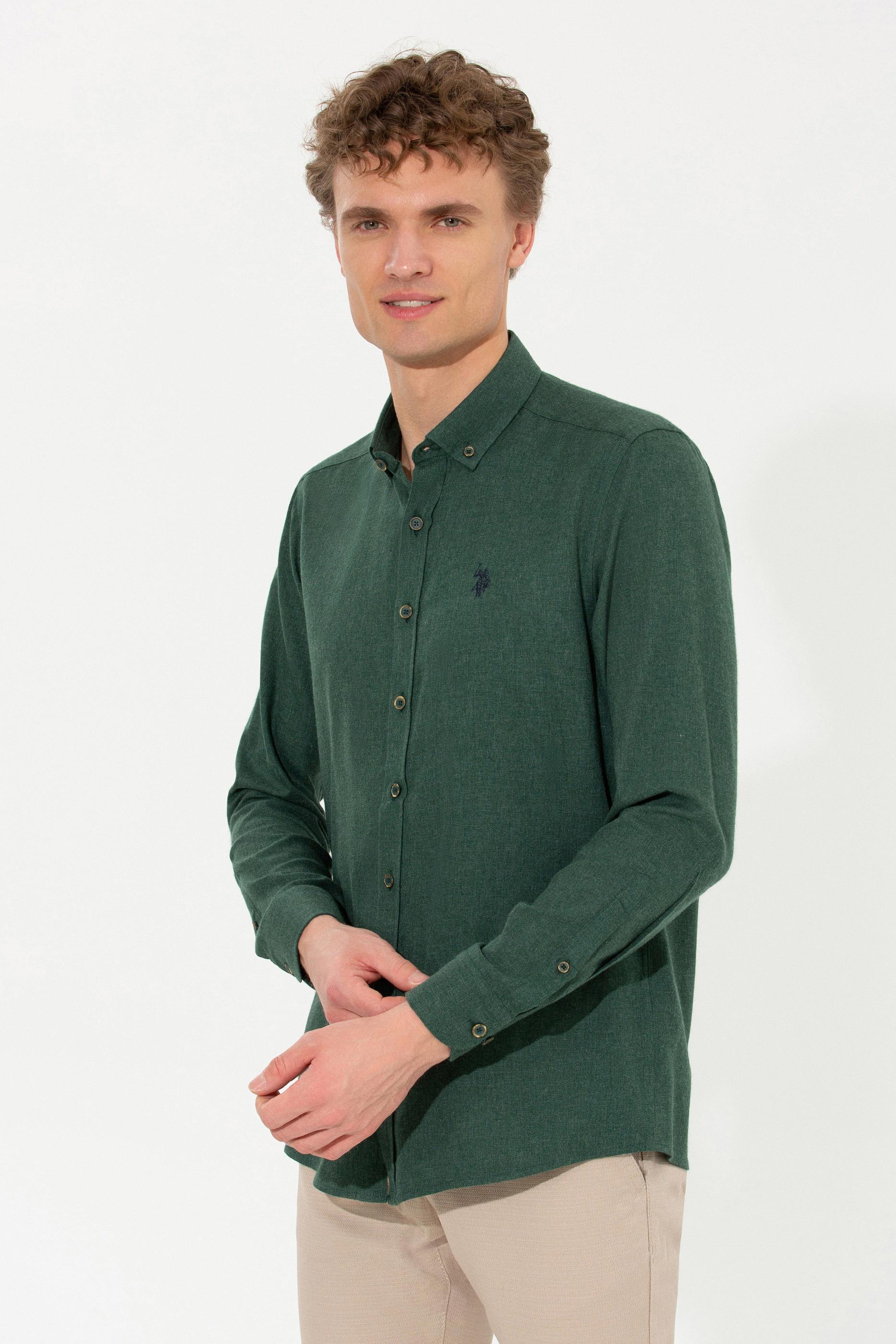 Erkek Koyu Yeşil Uzun Kollu Basic Gömlek