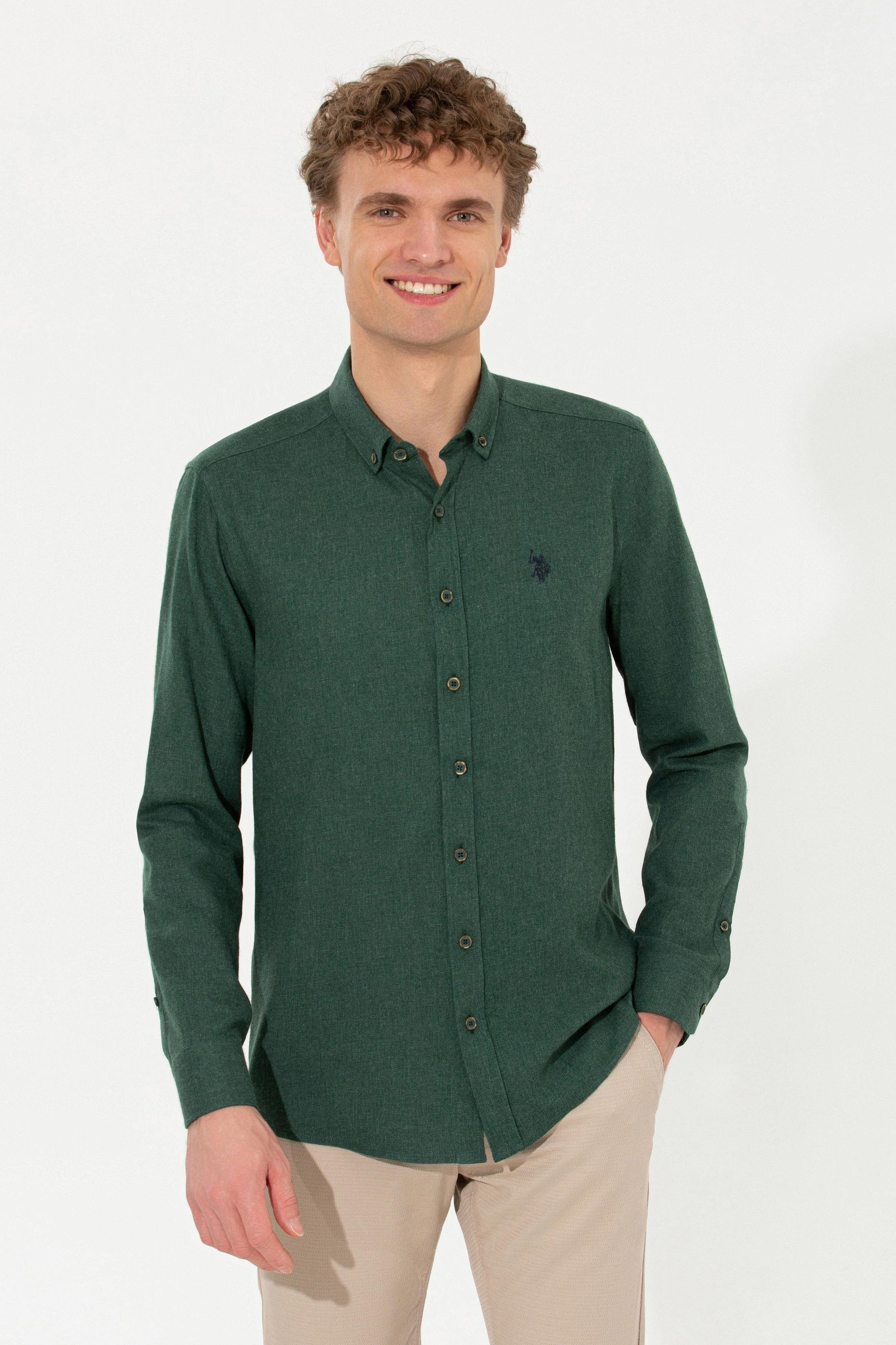 Erkek Koyu Yeşil Uzun Kollu Basic Gömlek