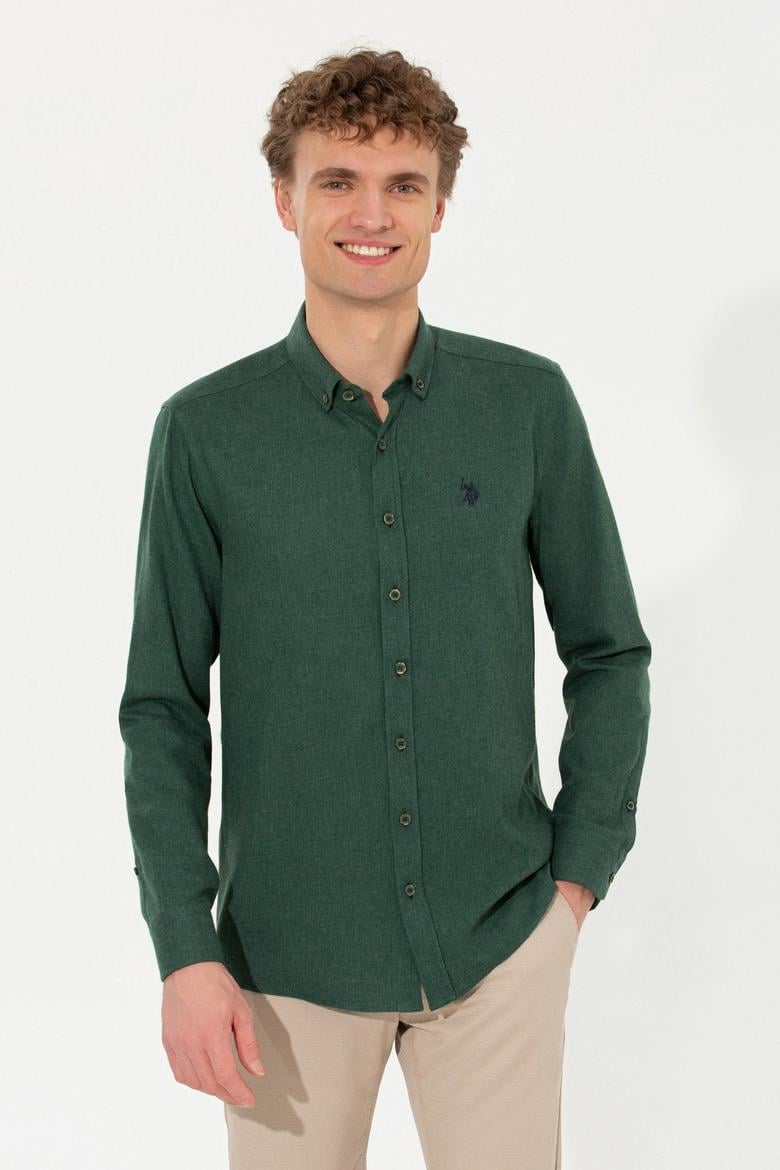 Erkek Koyu Yeşil Uzun Kollu Basic Gömlek
