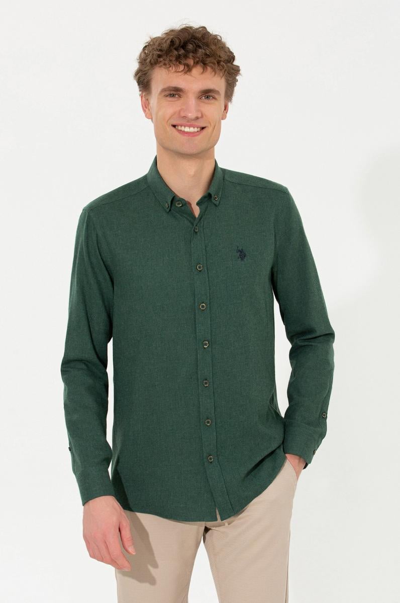 Erkek Koyu Yeşil Uzun Kollu Basic Gömlek