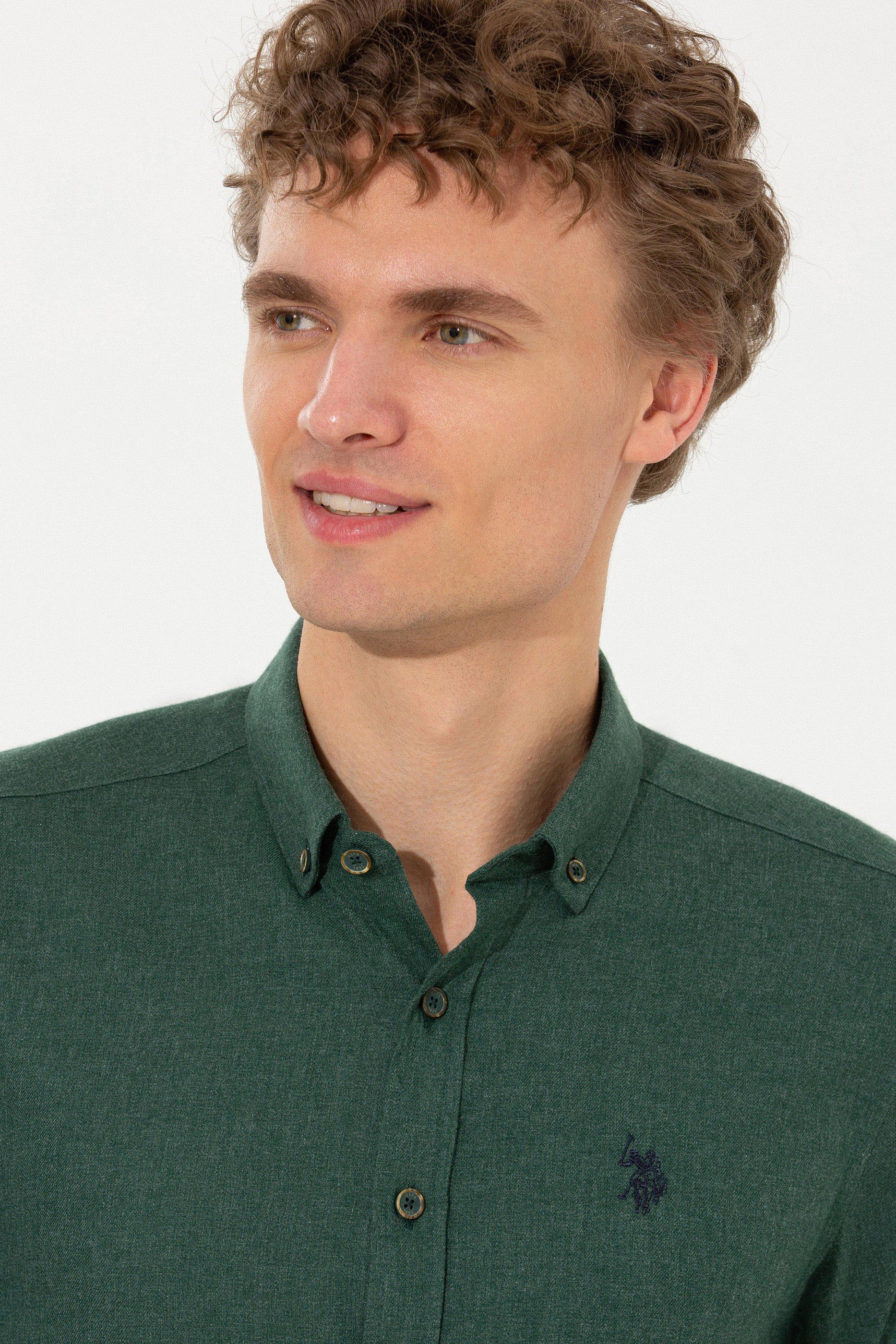 Erkek Koyu Yeşil Uzun Kollu Basic Gömlek