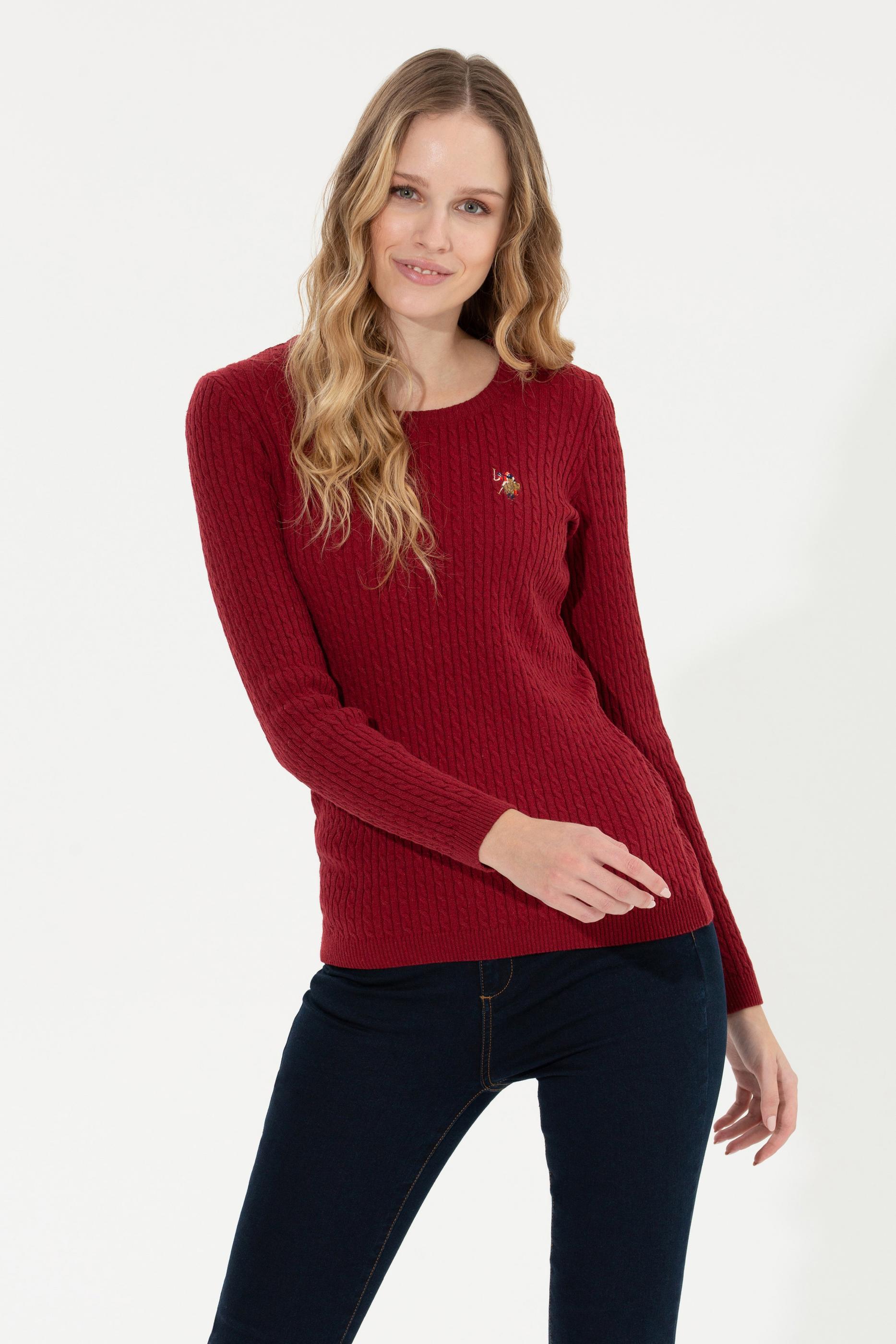 Kadın Bordo Bisiklet Yaka Basic Kazak