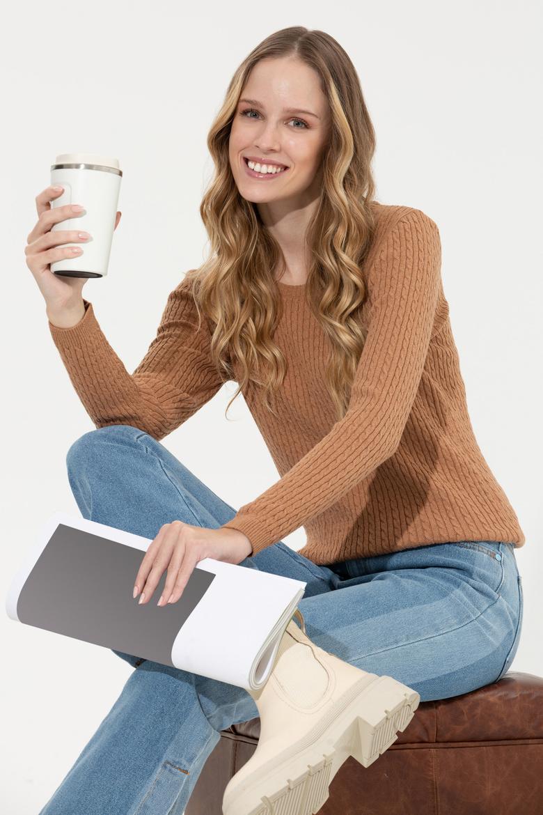 Kadın Camel Bisiklet Yaka Basic Kazak