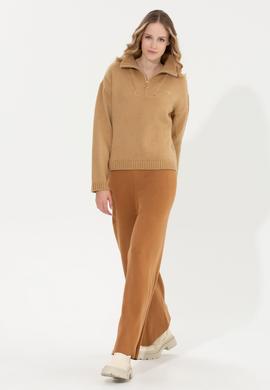 Kadın Camel Melanj Loose Fit Triko Pantolon - 50259636007